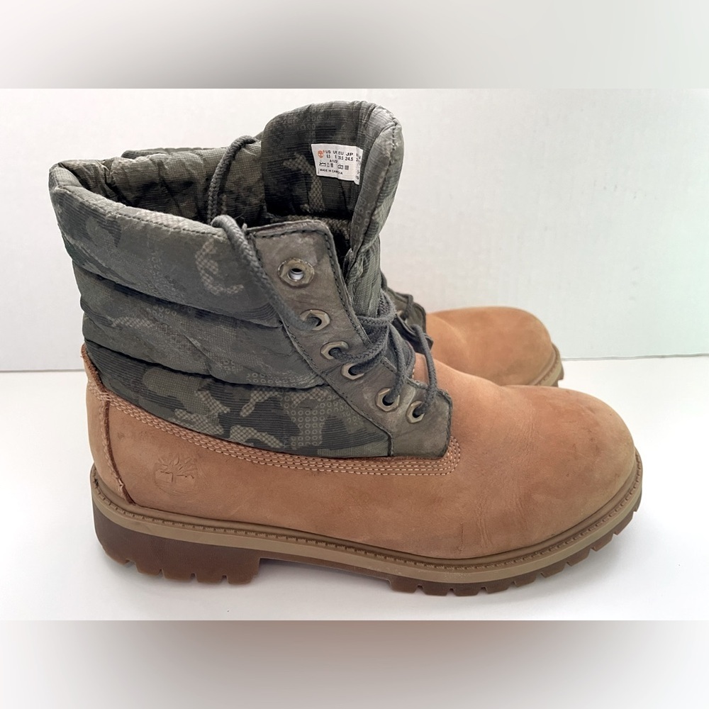 Timberland Puffer Boots in Wheat Camo - Women’s size 8 Youth Boys size 6.5